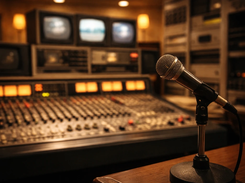 Vintage TV studio microphone and console in a quiet control room, evoking classic broadcast history.