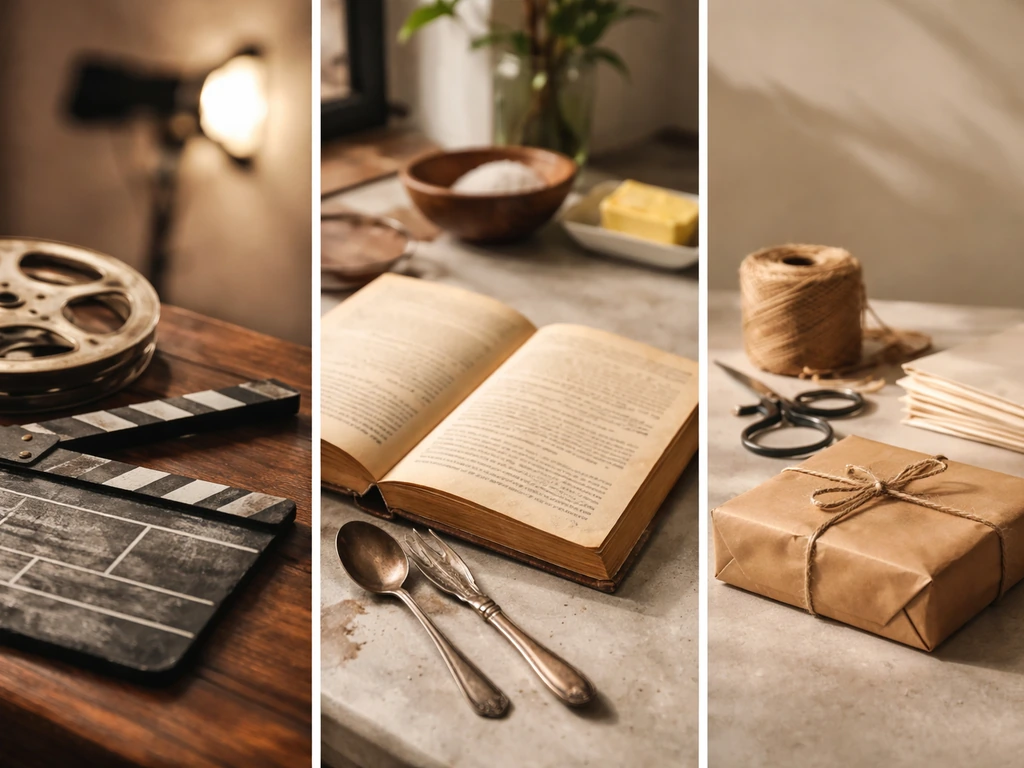 Minimal split scene of vintage media, cookbook, and small business mail-order props suggesting income sources