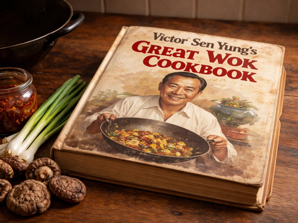 Worn cookbook titled Great Wok Cookbook beside Chinese cooking ingredients on a wooden kitchen table.