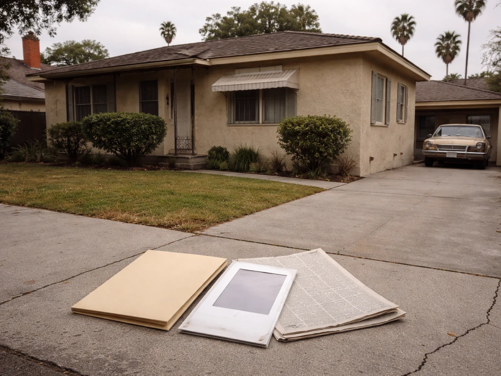 North Hollywood vintage house exterior with a blank press-photo context prop suggesting 1980 reporting