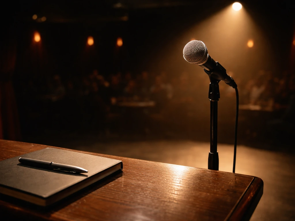 Close view of a stand-up microphone under warm spotlight with a quiet theater background.