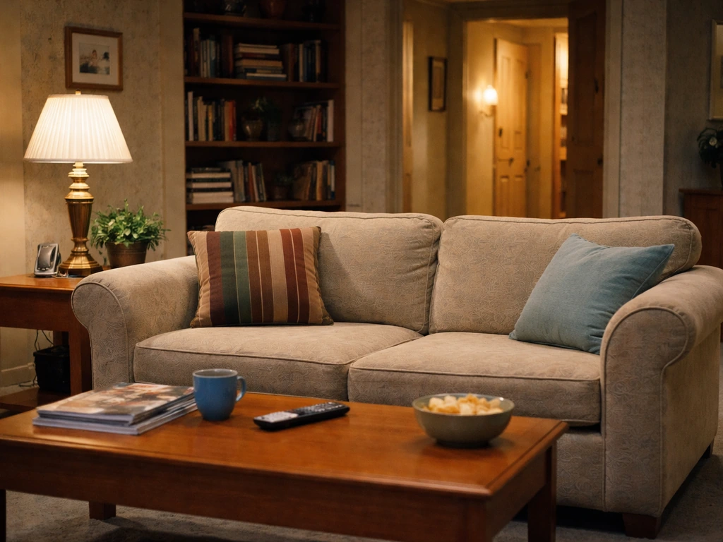 A cozy TV sitcom set interior with a vintage couch and warm studio lighting