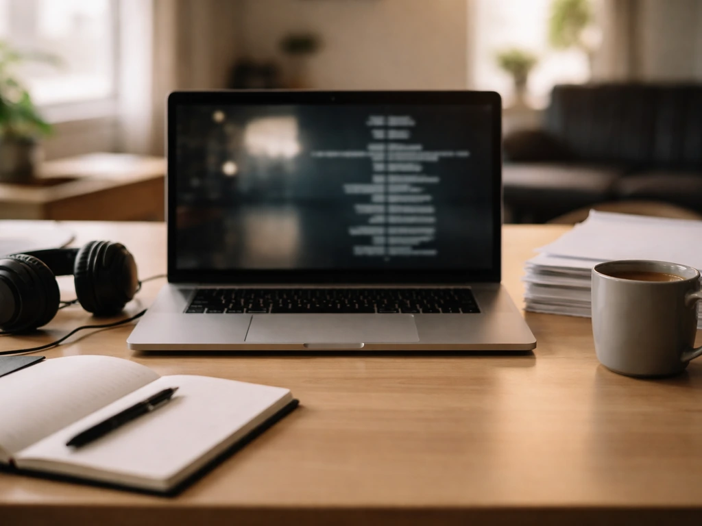 Empty film industry office desk with a laptop showing a generic film-credit style screen, symbolizing residuals