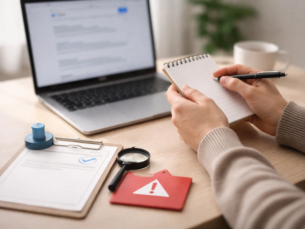Hands reviewing a blank notepad next to laptop, magnifying glass, and a red flag tab on desk.