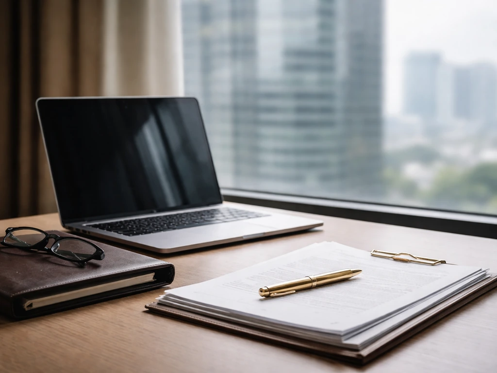 Vietnam business executive-like office scene with company building view and subtle wealth symbolism