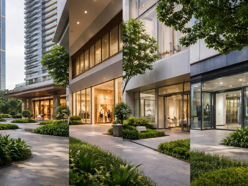 Minimal montage-style scene of a modern Vingroup-like campus with distinct real estate, hospitality, retail, healthcare,