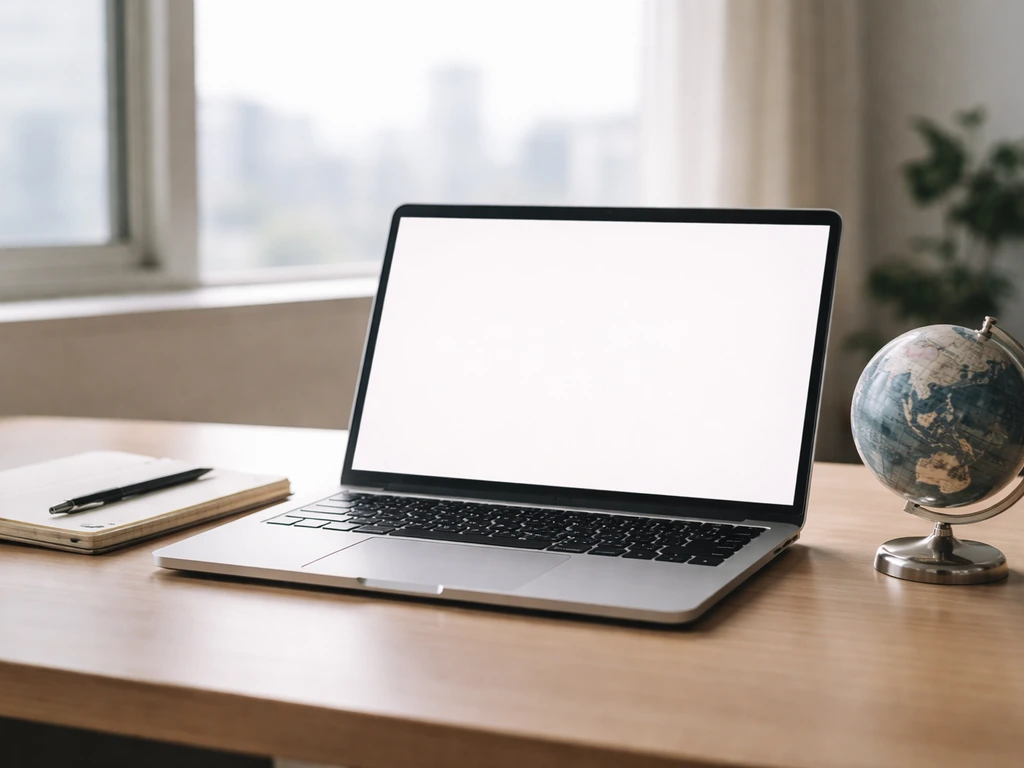 Minimal photo of a modern desk with a laptop, pen, and world map globe symbolizing billionaire ranking analysis.
