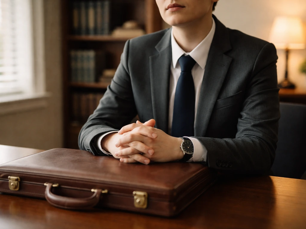 Anonymous attorney seated in a quiet office with a desk and briefcase under natural window light
