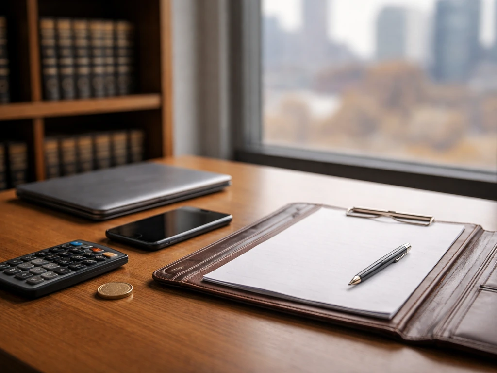 Close-up of a private finance desk with blank papers, laptop, calculator, and coins by a window.