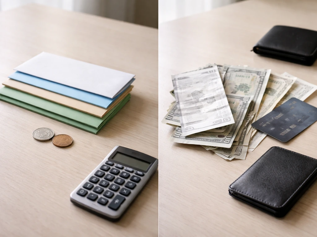 Minimal desk scene with envelopes, bills, cards, and a calculator suggesting liabilities reduce net worth