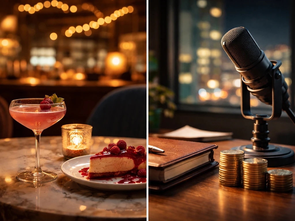 Split collage of an upscale Atlanta lounge and a desk with coins and a microphone, symbolizing net worth analysis.