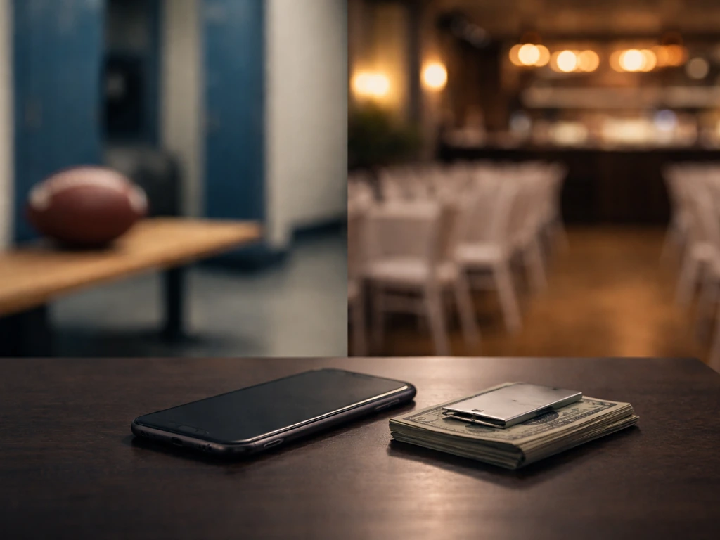 Sports locker items and a venue-like setup with a money clip and phone on a desk to show name ambiguity
