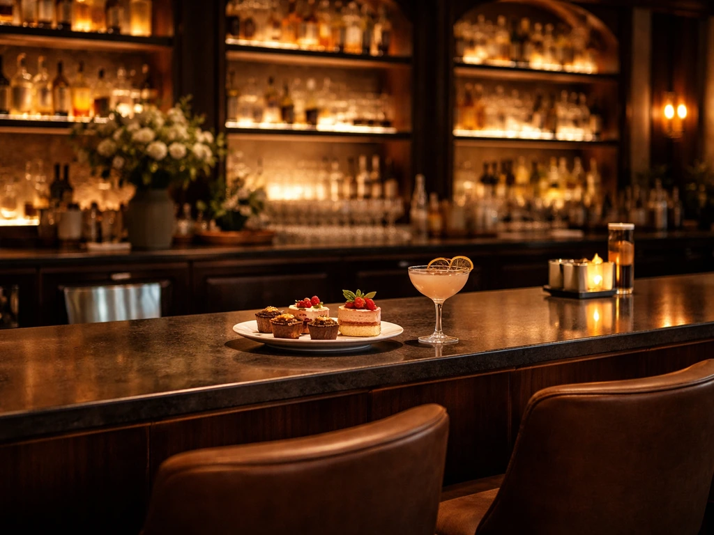 Warm, inviting dessert and cocktail lounge interior with soft lighting, bar seating, and desserts on display.
