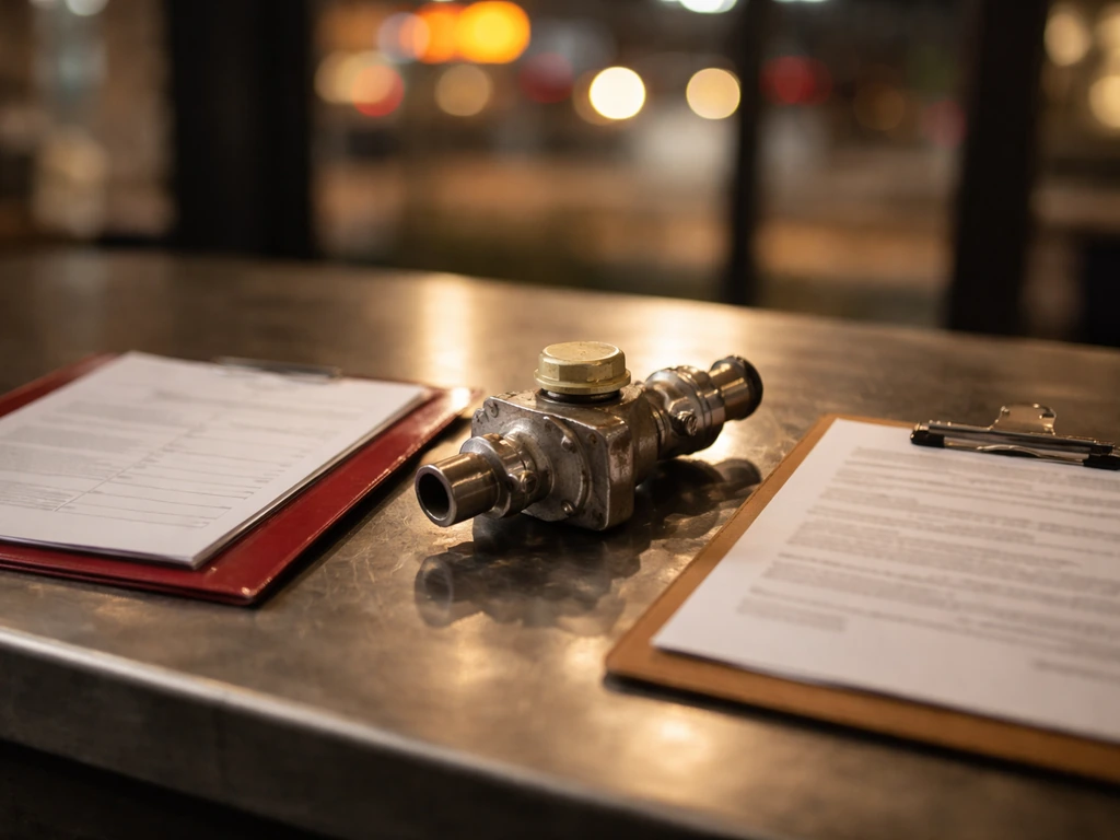 Close-up of liquor licensing paperwork, lease-style documents, and commercial kitchen equipment on a restaurant counter.