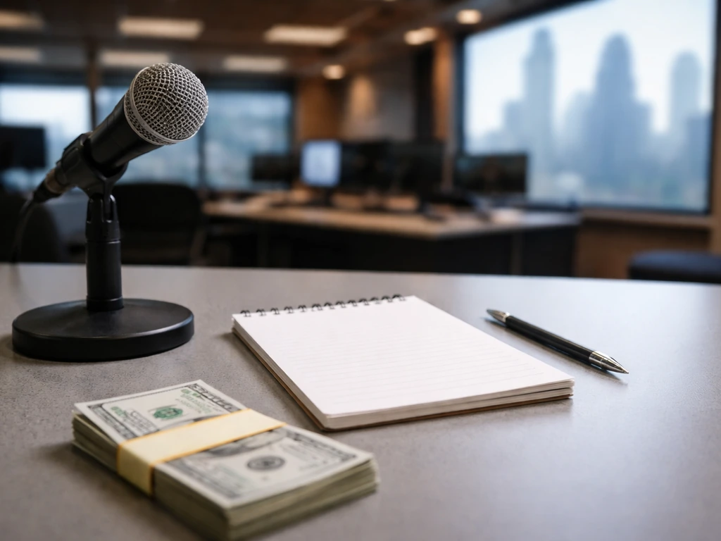 Minimal newsroom desk with a microphone, scattered notes, and a small stack of cash symbolizing estimated net worth rang