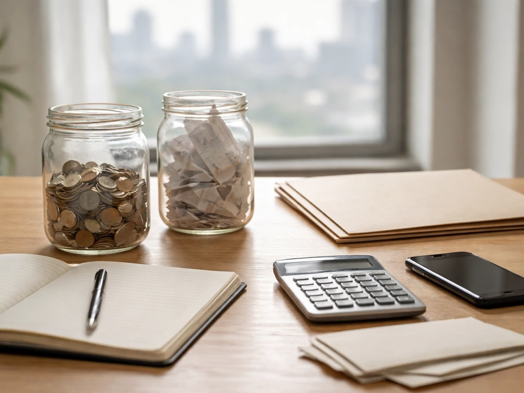 Minimal desk scene with coins in one jar and receipts in another, suggesting assets minus liabilities.