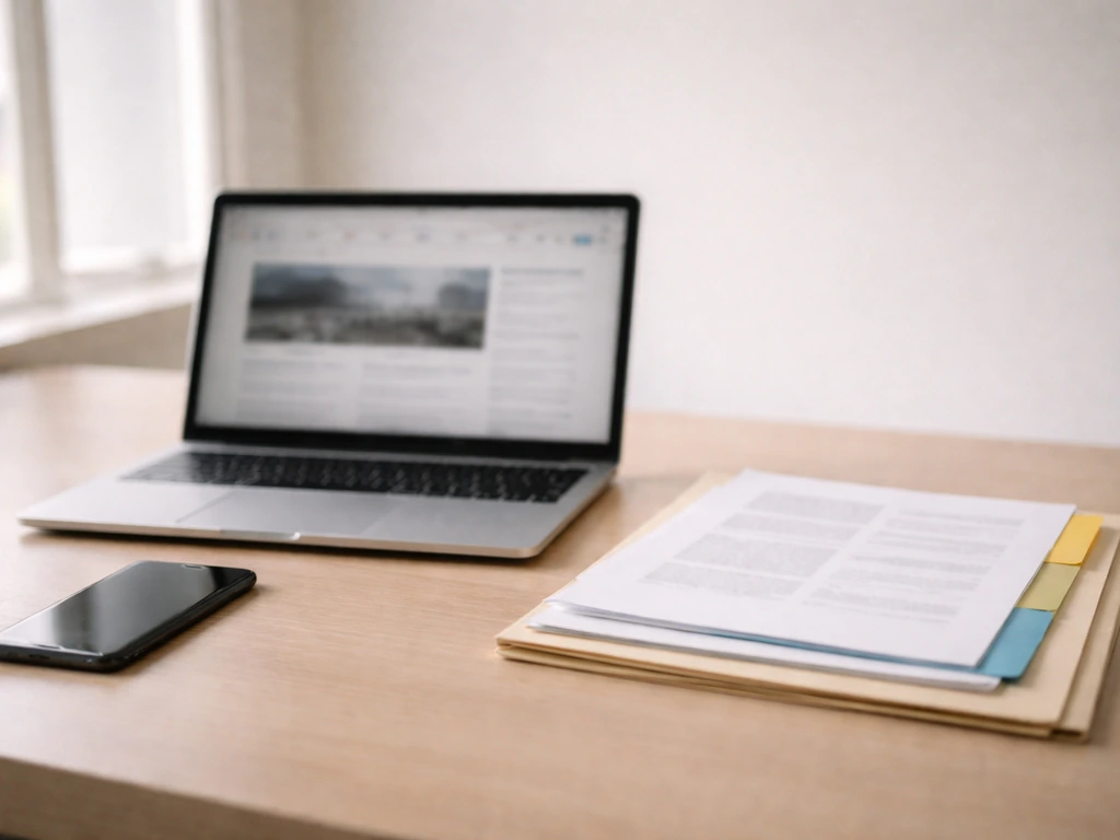 Anonymous desk with documents and a blurred newsroom laptop screen symbolizing verified source research.