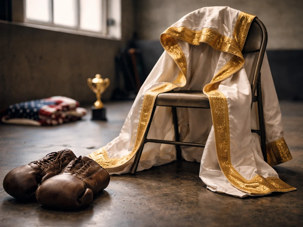 Boxing gloves and a small gold trophy in a quiet gym, symbolizing a champion’s earnings.