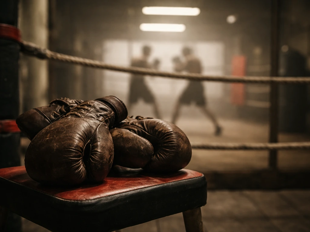 Worn boxing gloves on a gym corner stool with blurred sparring in the background.