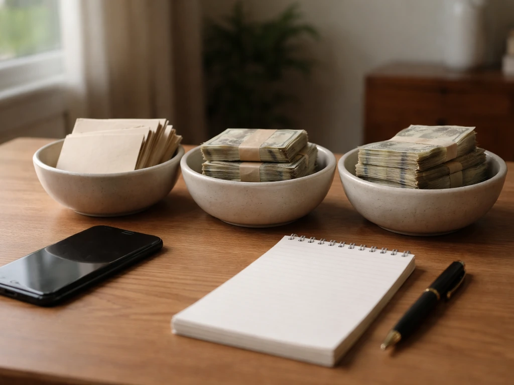 Minimal desk scene showing three unlabeled money “buckets” with envelopes and cash bundles.