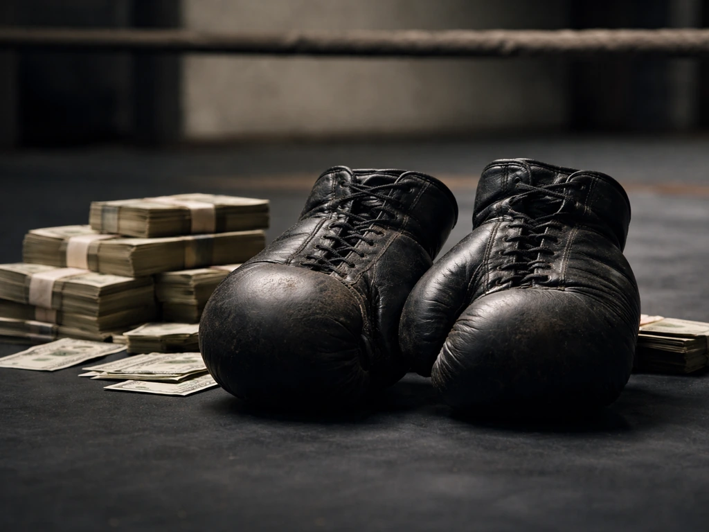 Minimal boxing-themed scene with two worn boxing gloves and a neutral money-bills background, symbolizing big purses.
