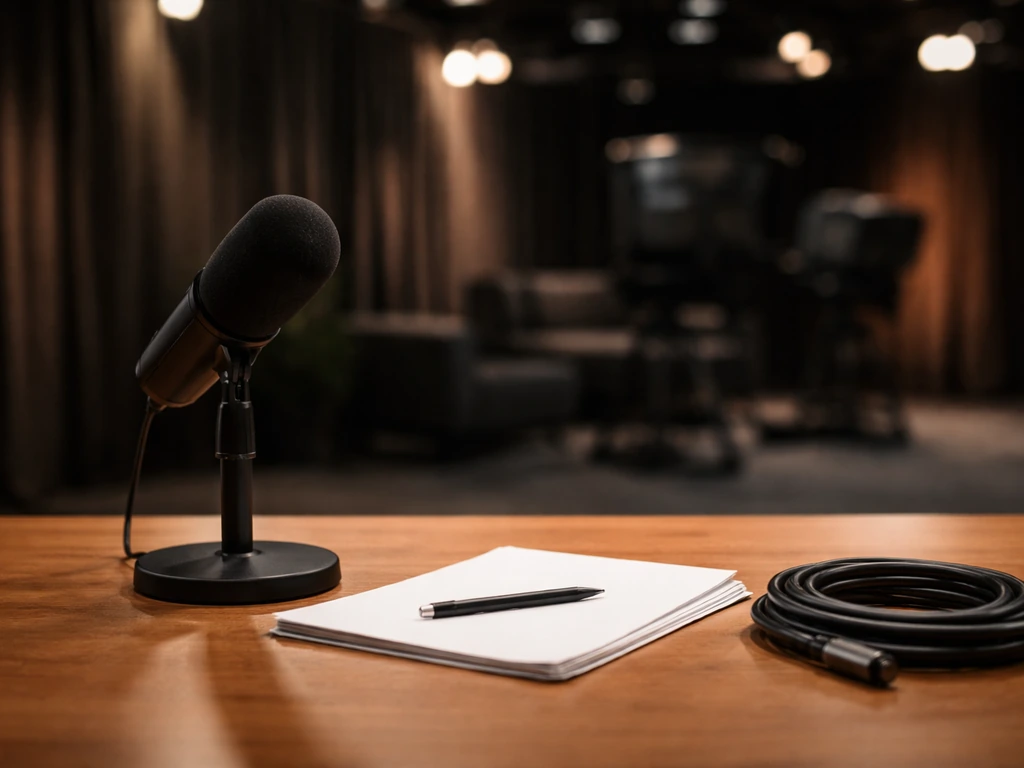 Canadian TV studio desk with a microphone and script pages, symbolizing actor Victor Webster’s media career context.