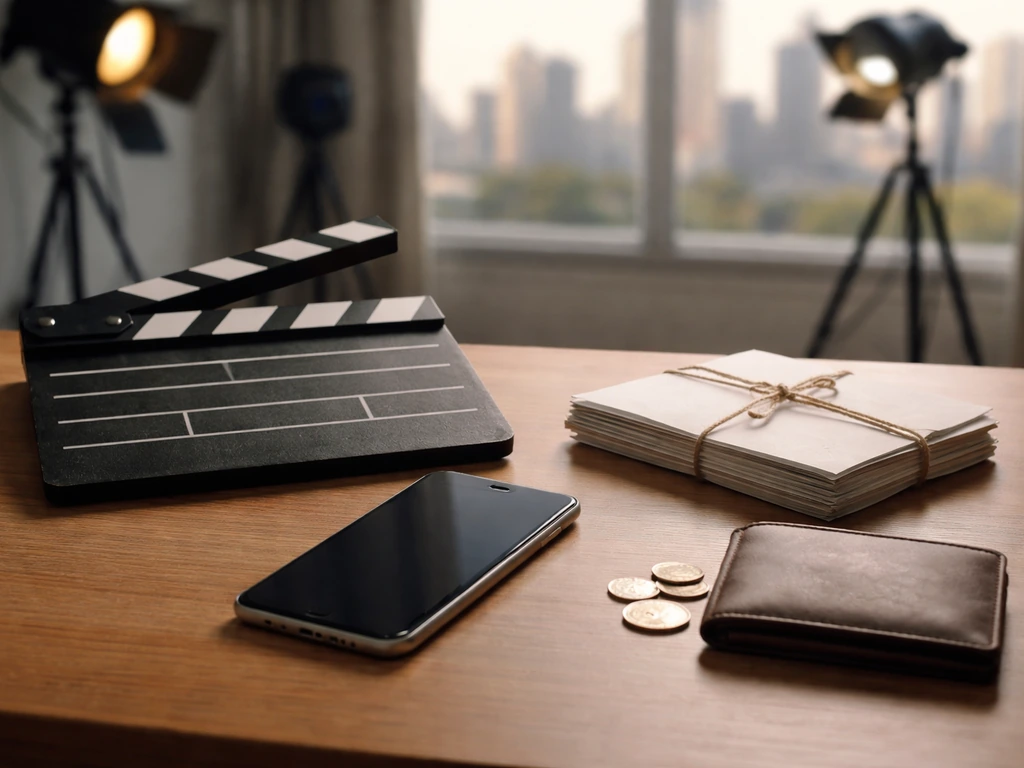 Studio desk with clapperboard, tied documents, coins, and a phone—symbolic of estimating income from public sources.