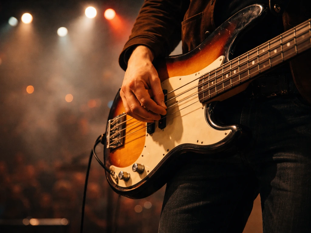 Vintage 1960s-style music scene with a bass guitar under dramatic stage lighting.