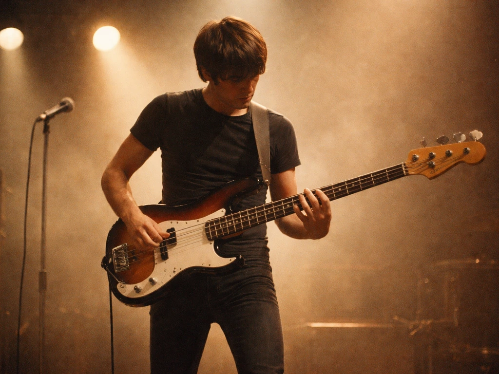 Archival-style photo of a 1960s rock bassist playing an electric bass on stage under warm lights