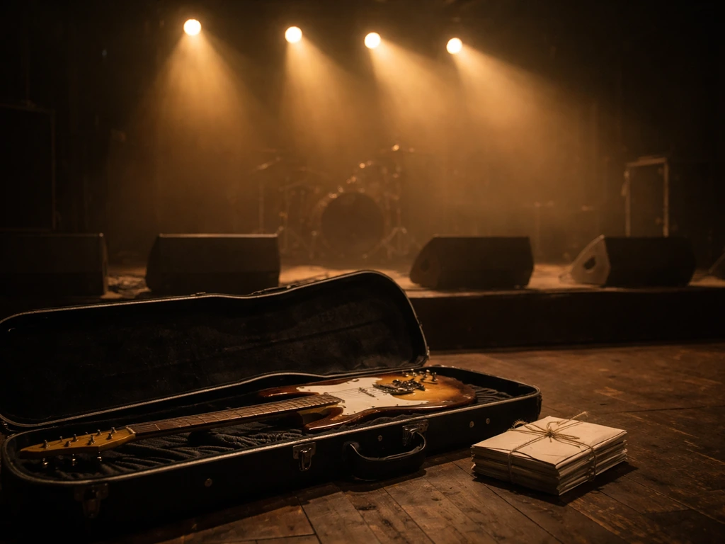 Minimal scene of live music touring wealth cues: dark stage lights, guitar case, and cash-like envelopes, no text.