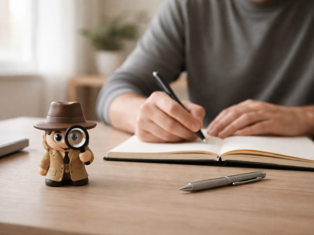 An anonymous writer in a quiet home office beside a notebook and a small toy inspector figure