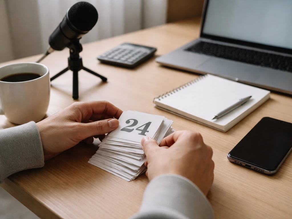 Anonymous hands at a desk with smartphone and microphone, symbolizing estimating earnings from public YouTube signals.