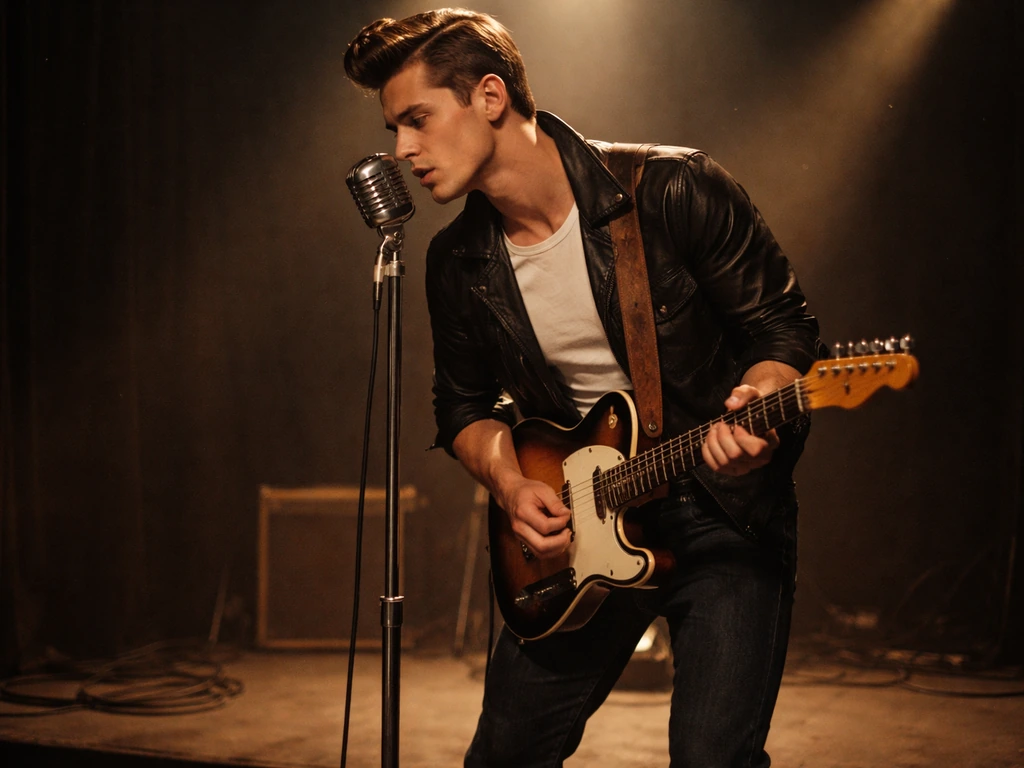 1950s rockabilly musician performing near a vintage microphone and stage lights