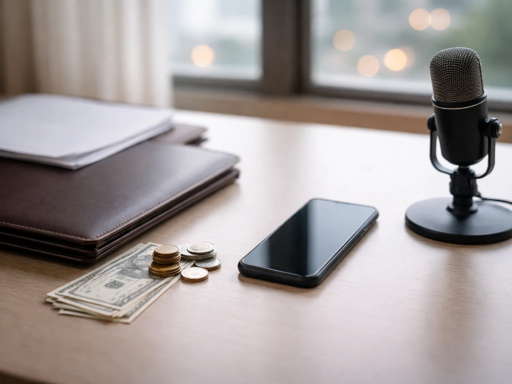 Anonymous desk with microphone, phone, and coins symbolizing different net worth estimation methods
