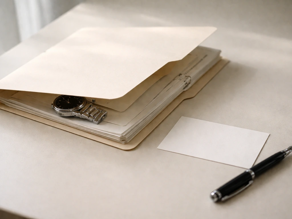 Unmarked archival documents and blank card on a tabletop, suggesting record verification.