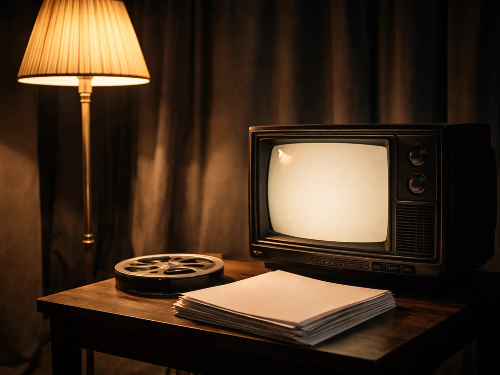 Vintage CRT TV with reel-to-reel tape and blank script pages on a studio set, symbolizing TV career earnings.