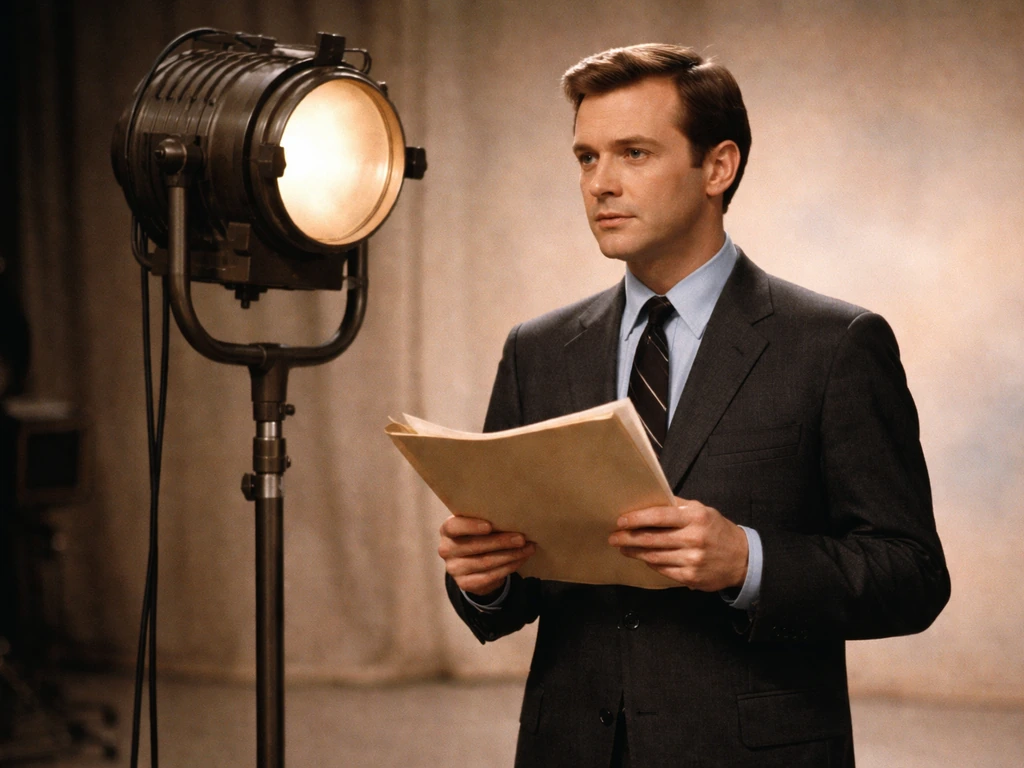 Anonymous 1960s TV studio still: actor in suit holds script beside a rolling studio light.