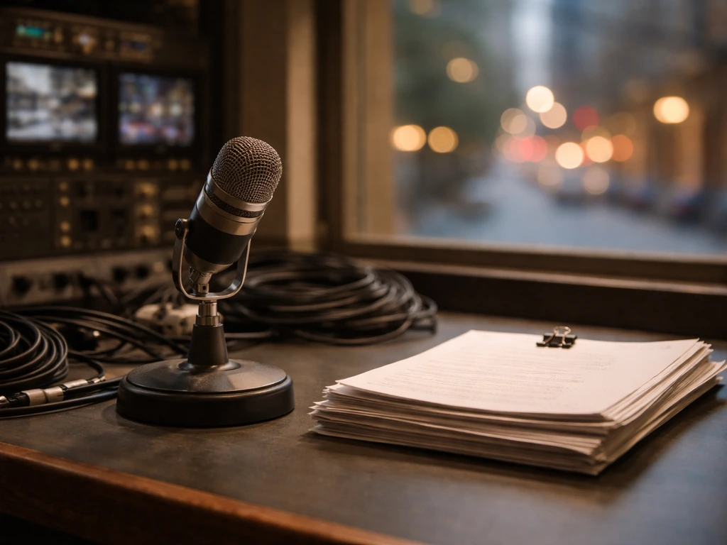 Vintage TV studio microphone and scripts on a small control table near a window at evening.