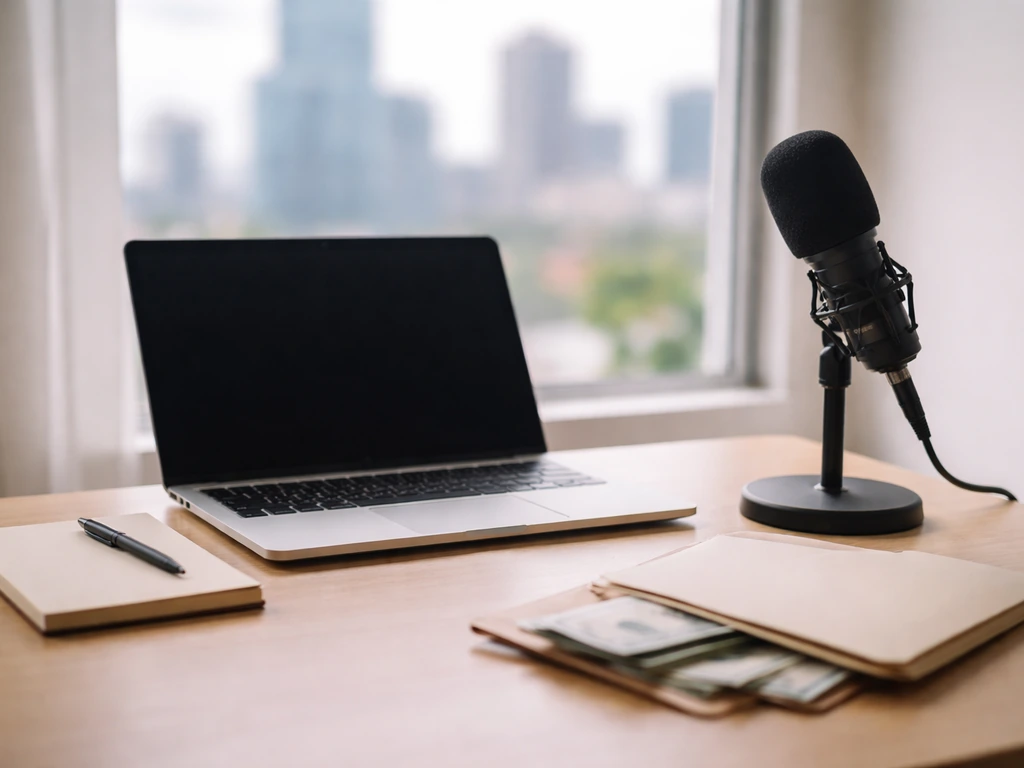 Minimal media-work desk with laptop, microphone, and cash, suggesting income sources analysis without readable text.