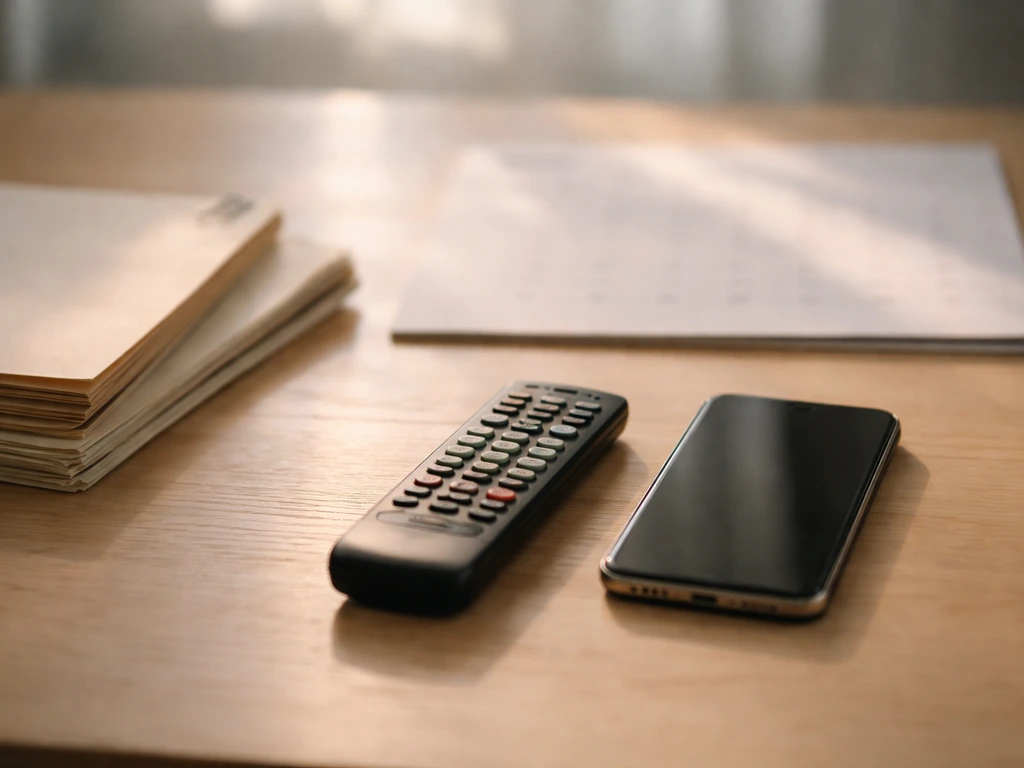 Minimal photo of a streaming-era media timeline concept using studio desk items and a glowing calendar page