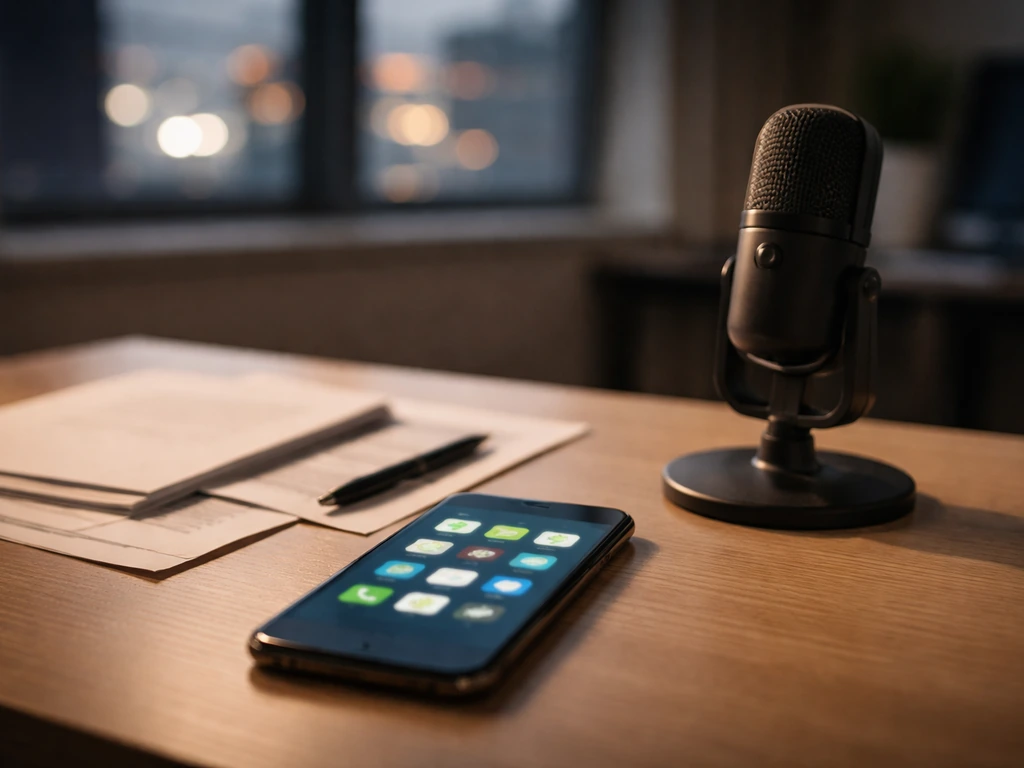 Minimal desk scene with a smartphone showing blurred financial estimate icons and a microphone, symbolizing net worth ra