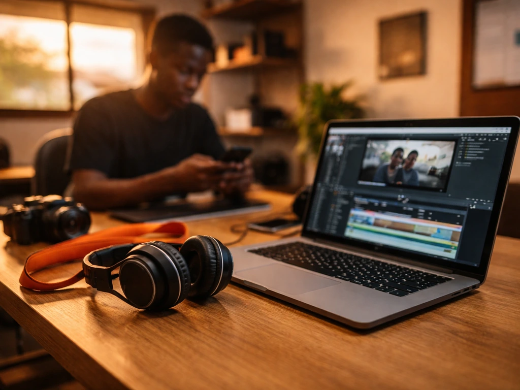 Minimal Ghana production office desk with orange media gear, laptop, headphones, and warm sky light