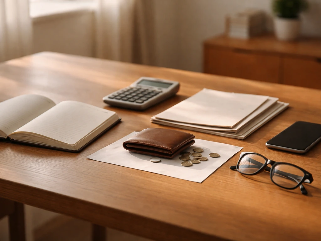 Minimal desk scene with scattered documents and a calculator symbolizing net-worth estimates.