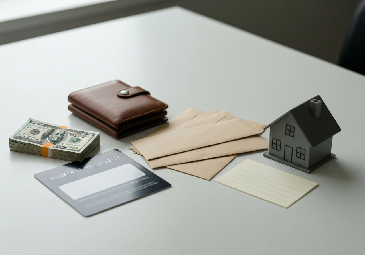 Minimal desk scene showing wealth vs debt concept with cash, investment items, and a house model beside bills.