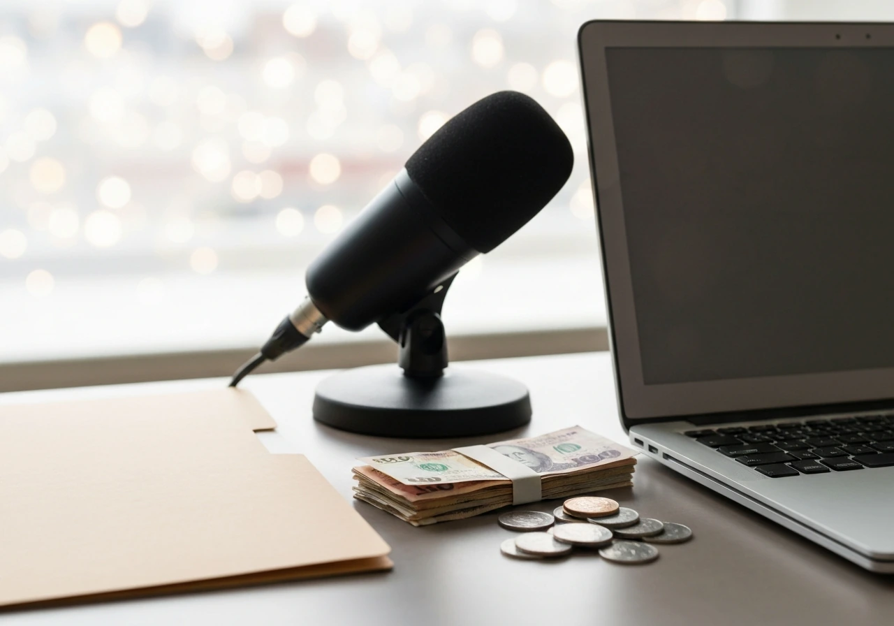 Minimal desk scene with a microphone and scattered bills suggesting a career earnings breakdown