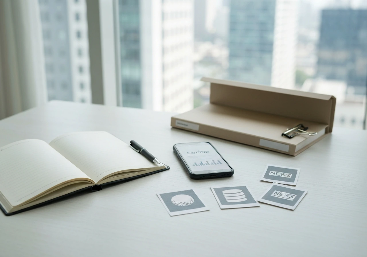 Minimal desk scene with notebook, phone, and generic source cards for updating an earnings estimate
