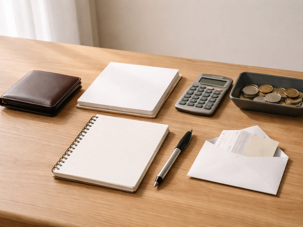 Minimal desk scene with wallet, blank papers, calculator, coins, and envelope symbolizing assets and liabilities.