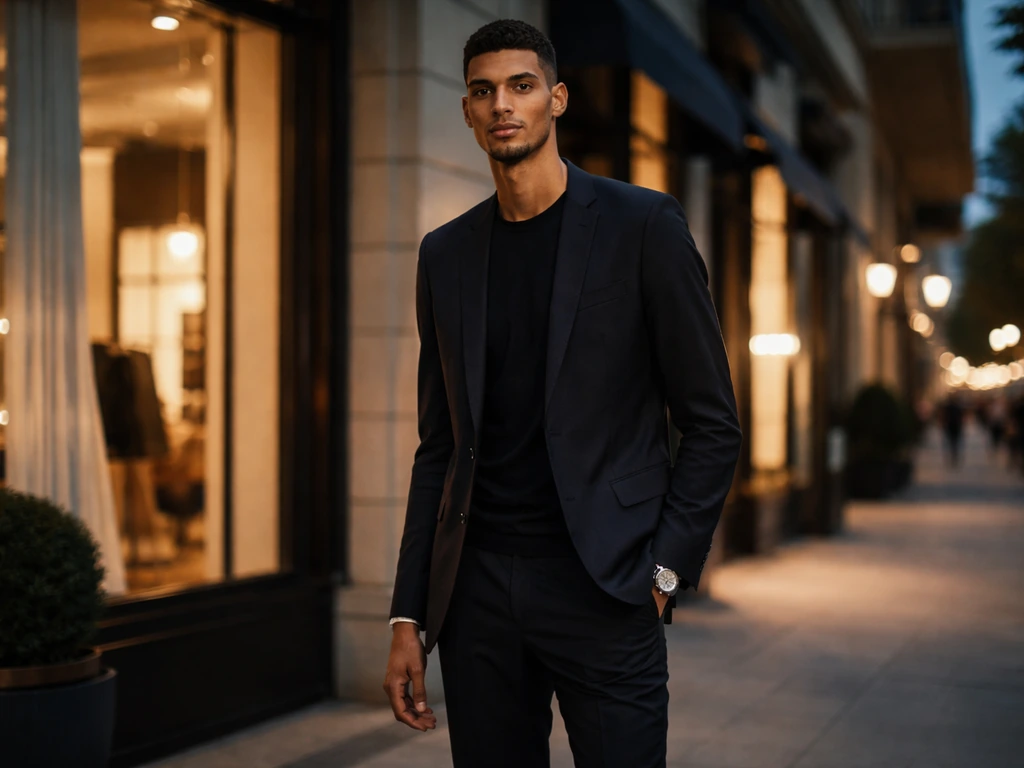 Basketball player in a tailored outfit posing at a fashion event with a blurred luxury storefront backdrop