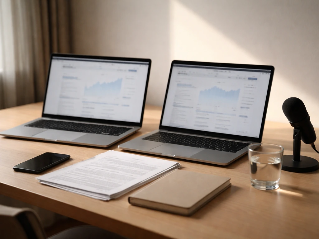 Minimal desk with two blurred laptops, documents, and phone suggesting verifying financial info.