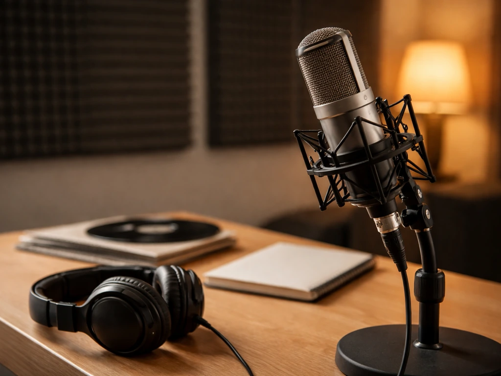 Minimal photo showing a music studio desk with a microphone and vinyl records, evoking EMI-era hip-hop to broadcasting.
